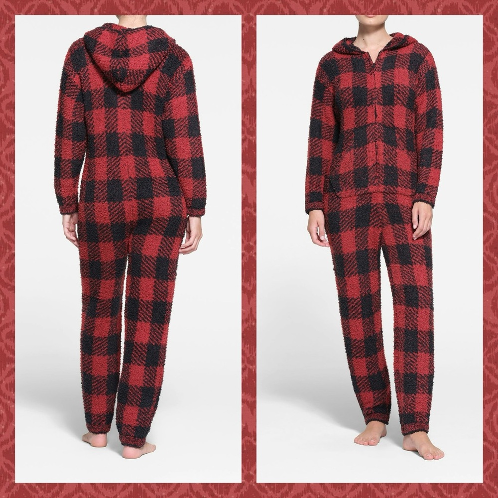 SKIMS Red and Black Buffalo Plaid Hooded Onesie Pajamas